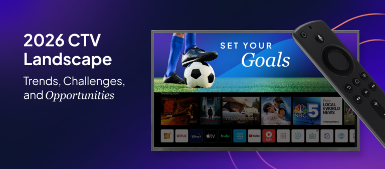 Promotional graphic reading “2026 CTV Landscape: Trends, Challenges, and Opportunities,” showing a smart TV screen with streaming apps and a banner that says “Set Your Goals,” alongside a TV remote on a purple background.