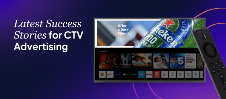 Connected TV advertising example showing a smart TV home screen with a Heineken ad, illustrating CTV campaign success stories and streaming platform placement.