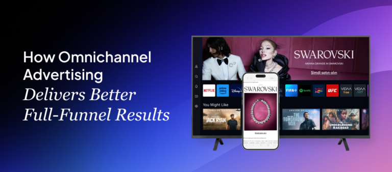 Graphic titled "How Omnichannel Advertising Delivers Better Full-Funnel Results" displaying a smart TV screen and a smartphone simultaneously featuring a Swarovski advertising campaign across connected devices.
