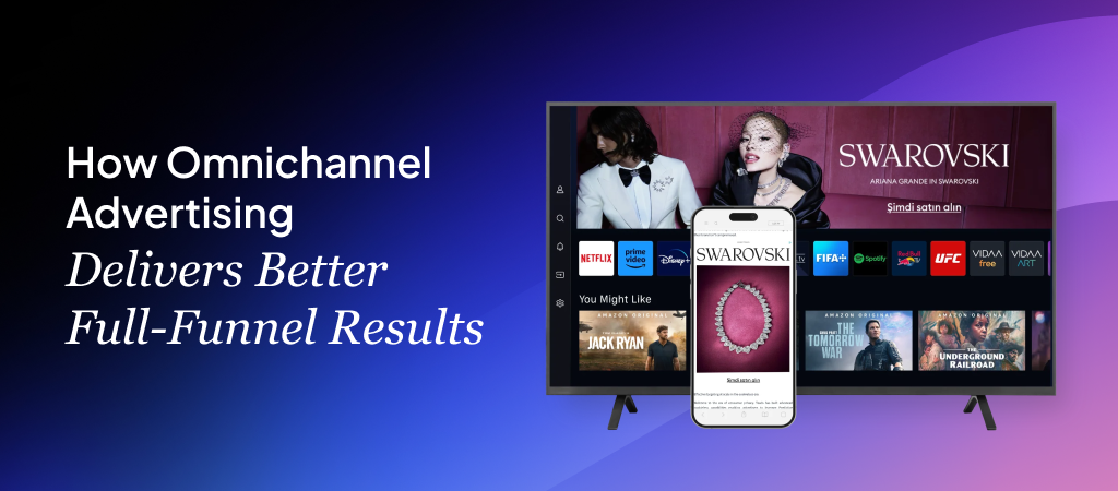 Graphic titled "How Omnichannel Advertising Delivers Better Full-Funnel Results" displaying a smart TV screen and a smartphone simultaneously featuring a Swarovski advertising campaign across connected devices.