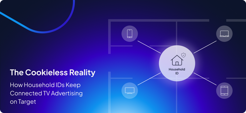 A blueprint of a house. Inside and surrounding the house are interconnected device nodes all linked together by a central glowing "Household ID" shield, to visualize how household ids keep CTV Advertising on target.